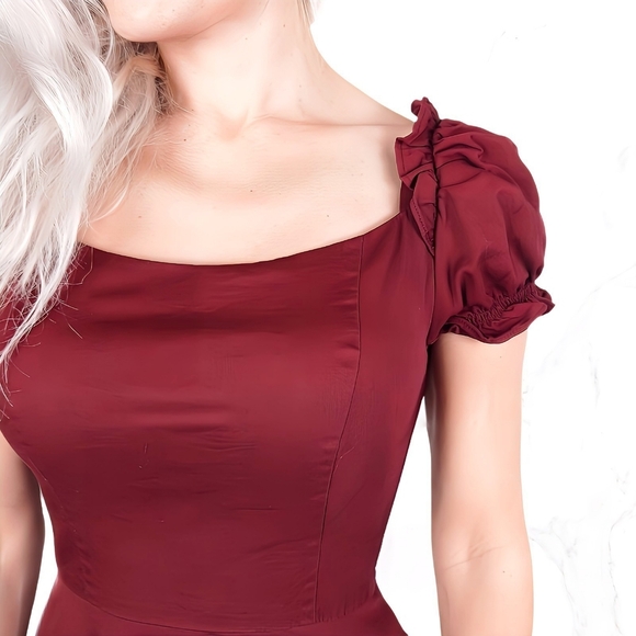 Hanpceirs Burgundy Fit-and-Flare Dress Size S Square Neck Puff Sleeves - Picture 3 of 4